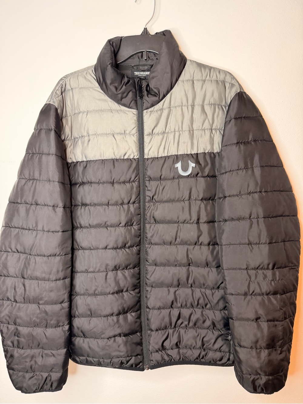 True Religion Two-Tone Black and Light Gray Quilted Puffer Jacket